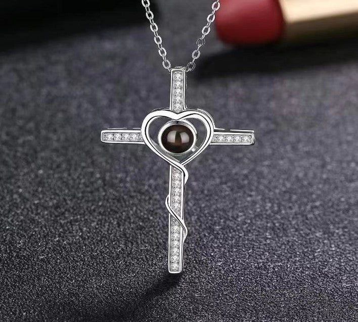 Hidden Memory Projection Silver Necklace – Christian cross Keepsake Gift