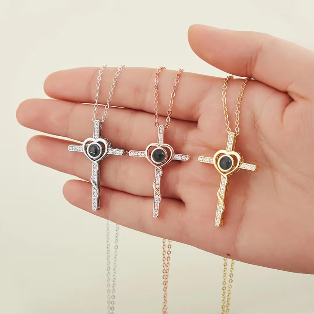 Hidden Memory Projection Silver Necklace – Christian cross Keepsake Gift